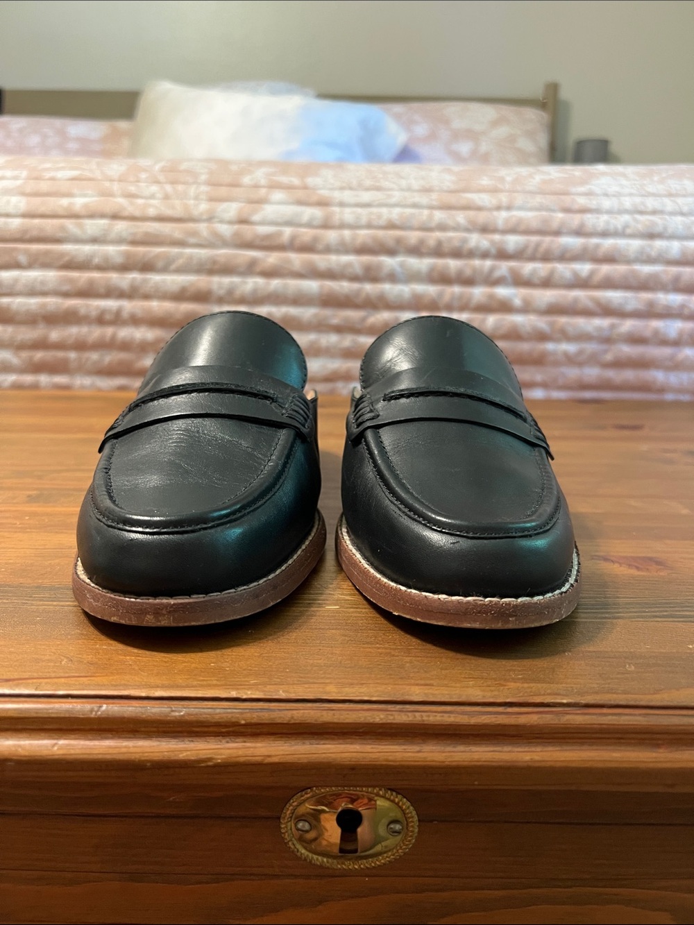 Madewell Black Leather Penny Loafers with Brown Trim